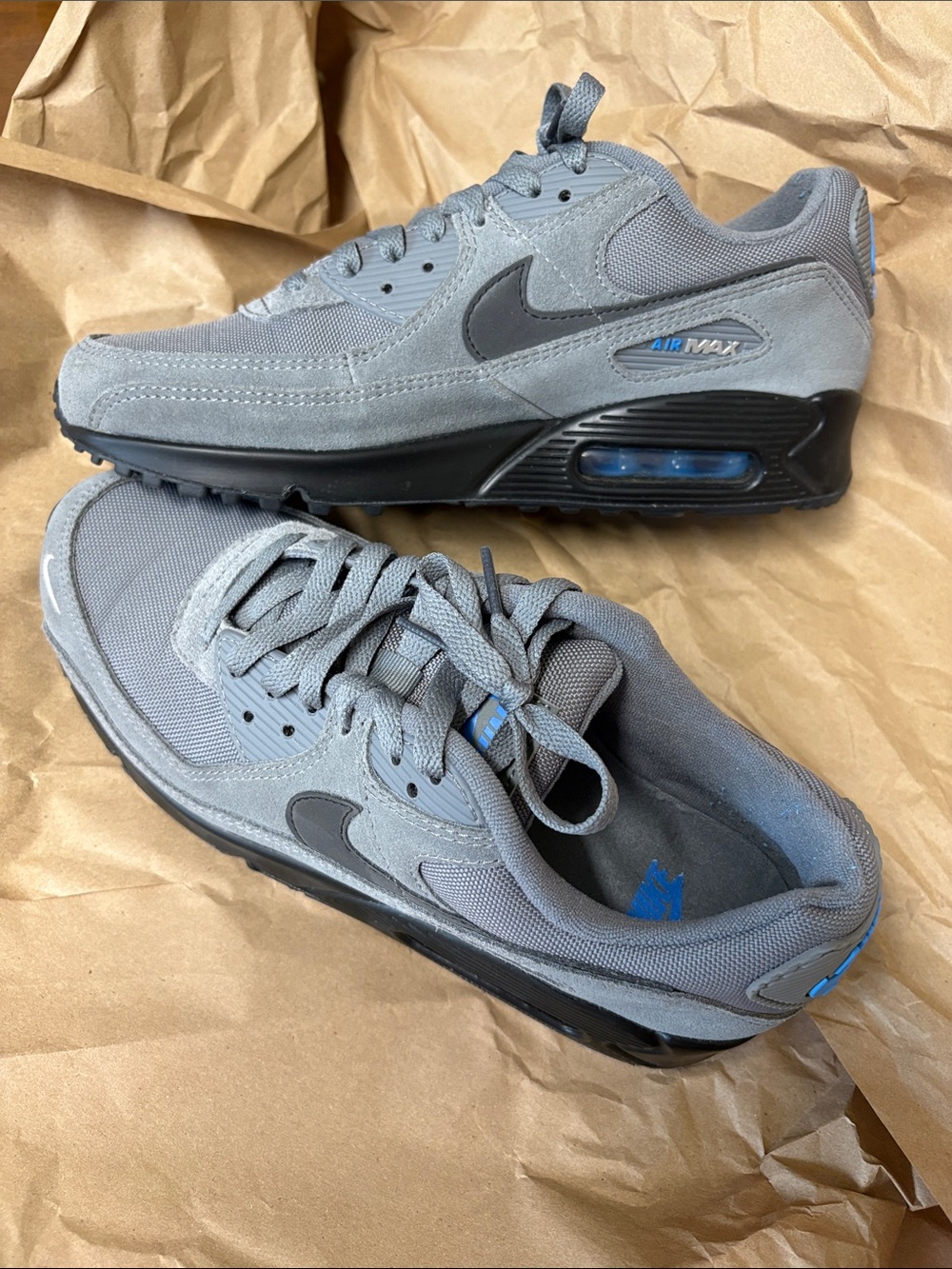 Nike Air Max 90 Men's Grey & Black Suede Mesh Sneakers with Blue Accents